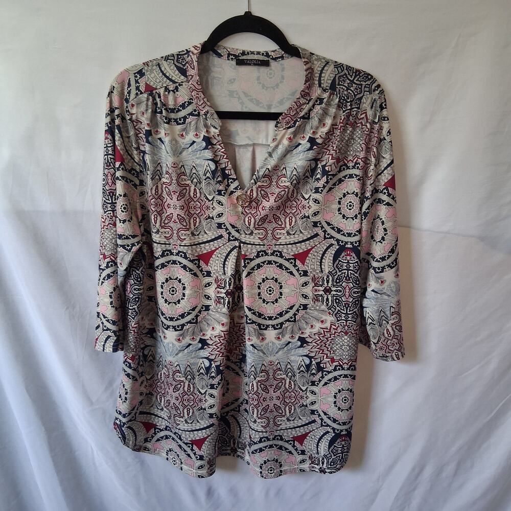 Valolia Women Top V-neck Bohemian Paisley Print Pleat Front 3/4 Sleeve Summer-XL